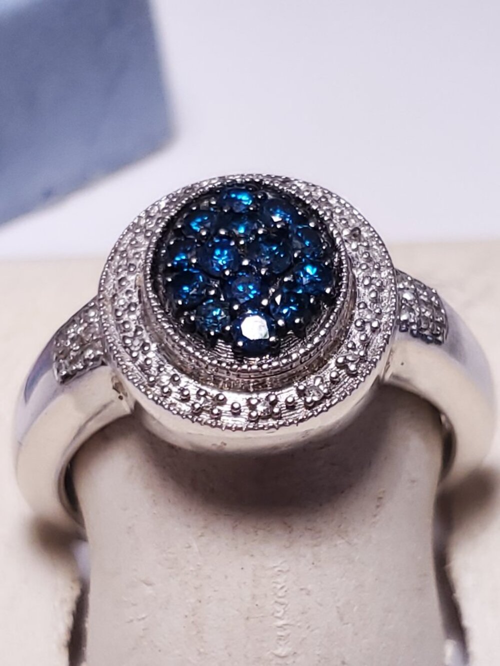 Estate .50ctw Real Blue/White Diamond Halo SterlingSilver Gnts/LdsS-10 Ring25005